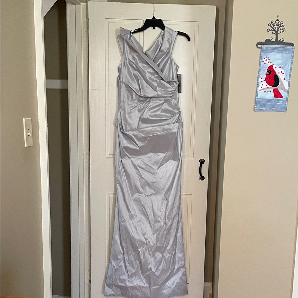 Rickie Freeman for Teri Jon Silver Satin Maxi Gown